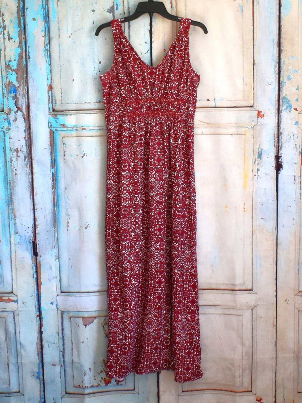 Women's Eddie Bauer Black Slip-On Button Drawstring Sleeveless Maxi LARGE Red